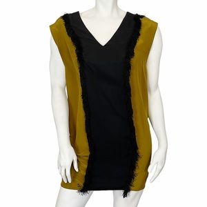 SANDRO Bronze/Olive Green Silk Black Fringe V-Neck Mini Dress